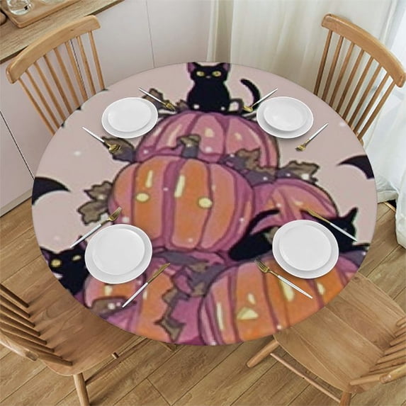 BANET Halloween Pumpkins Flower Round Table Cloth Orange Pink Polyester Tablecloth Waterproof Tablecloth Dinning Table Cover for Indoor Outdoor Party Picnic 42"-46