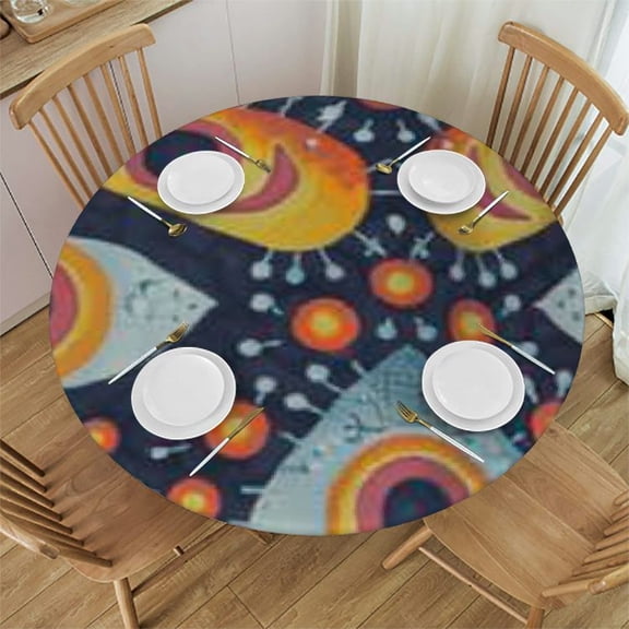 BANET Halloween Tablecloth Retro Style Halloween Elements Tablecloth Washable Round Tablecloth Reusable Table Cloth for Home Party Dining Table Decor 42"-46