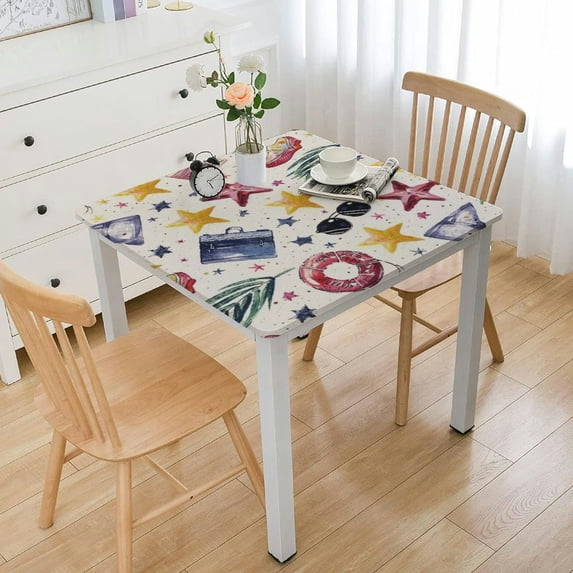 BANET Hand Draw Seamless Pattern Summer Square Fitted Tablecloth, Elastic Edge, Waterproof Elastic Table Cover, Table Cloth for Home Outdoors Decorate white