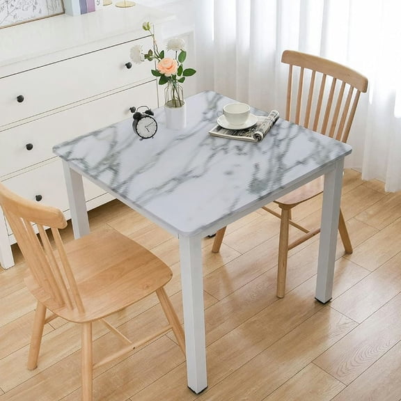 BANET Indoor Outdoor Patio Square Fitted Vinyl Tablecloth, Flannel Backing, Elastic Edge, Waterproof Wipeable Square Cover, White Marble Pattern for Square Table white