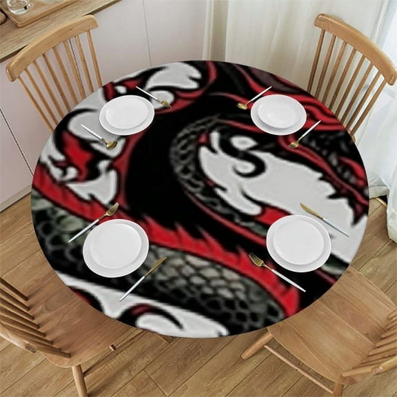 BANET Japanese Dragon Round Table Cloth, Tattoo Style Creatures with Details, Indoor Dining and Outdoor Use, Fits Round Table, White Black 38"-42