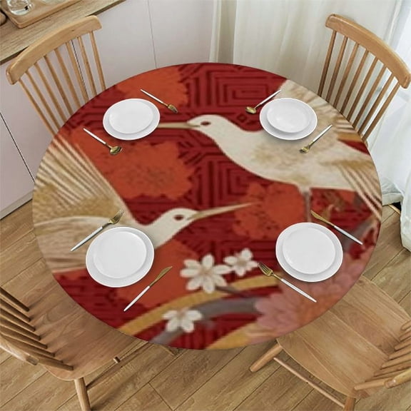 BANET Japanese Traditional Waves Two White Cranes Flowers Round Tablecloth, Washable Circular Macrame Table Cloth Cover for Kitchen Tabletop Decor 46"-50