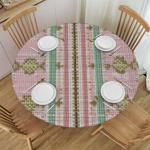 BANET Knitted Christmas Snowflake Round Table Cloth Pink Green Polyester Tablecloth Waterproof Tablecloth Dinning Table Cover for Indoor Outdoor Party Picnic 54"-58