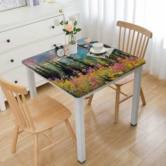 BANET  Landscape Tablecloth, Fall Landscape Picture in Mountains with Flowers Alpine Trees Forest at Sunrise, Dining Room Kitchen Rectangular Table Cover White