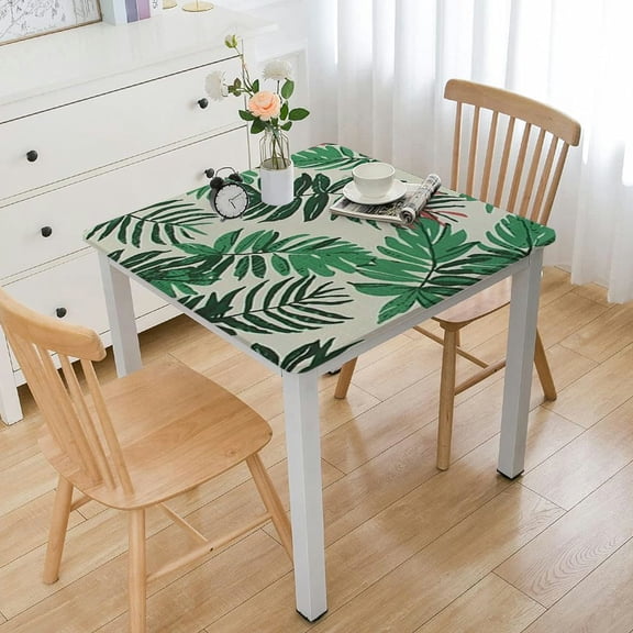 BANET Leaf Square Tablecloth, Palm Mango Banana Tree Jungle Elastic Table Cover Square, Fits Square Table, for Restaurants Picnic Patio Outdoor Party Decor, Forest Green white