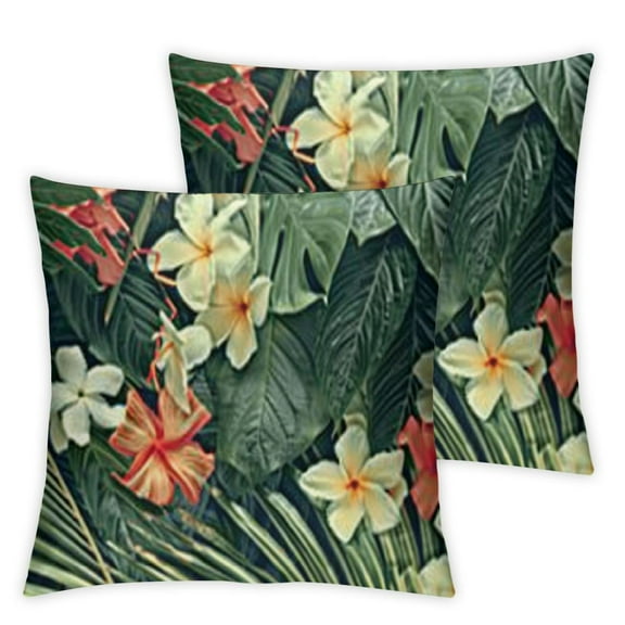 BANET  Leaf Throw Pillow Cover Set of 2, Hawaiian Summer Tropical Island Vegetation Leaves Hibiscus Flowers, Decorative Square Covers for Couch Bed &amp; Sofa, Green Orange and Yellow 12x12in