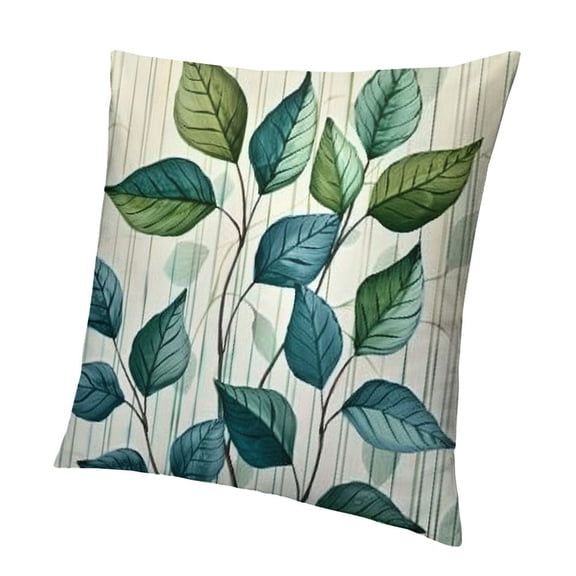 BANET Leaves Throw Pillow Cushion Cover, Watercolor Style Leaf Print on Striped Background Modern Botanical Pattern, Decorative Accent Double-Sided Printing,Coral Blue and Green 24x24in