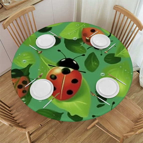 BANET Leaves and Ladybugs print Round Tablecloth,WashableTable Cloth Decorative Table Cover for Dining Table Camping 31"-35