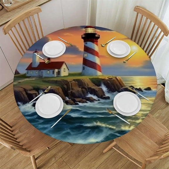 BANET  Lighthouse Diamond Paint print Round Tablecloth,WashableTable Cloth Decorative Table Cover for Dining Table Camping 46"-50