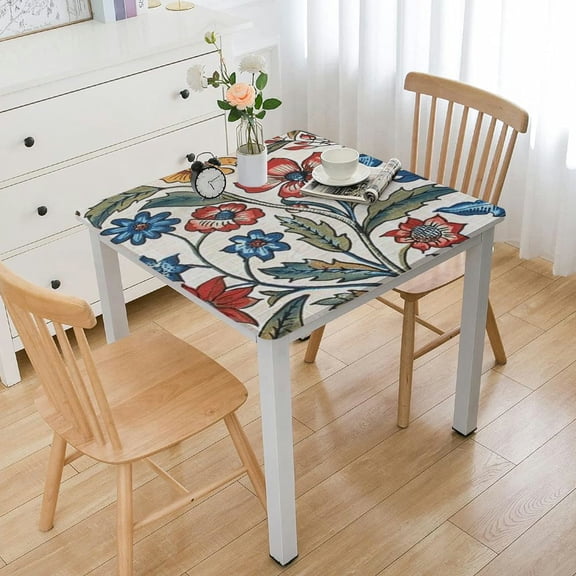 BANET Linen for Square Tables,Decorative Table Cloth with Blue and Red Flowers Pattern,Ideal Table Cover for Kitchen Parties Thanksgiving Christmas New Year Gift white