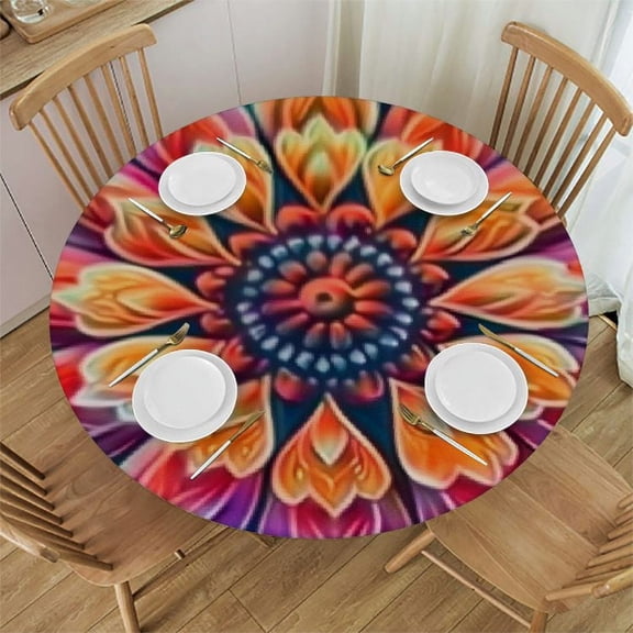 BANET Mandala Flower Round Fitted Tablecloth with Elastic Edge Fitted Table Cloth for Round Table Circular Table Cover Waterproof Wipeable Round Elastic Table Cloth 31"-35
