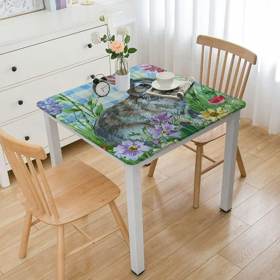 BANET Meadow Fabric Bordered Tablecloth - Blue Wrinkle and Stain Resistant Checkered Fabric Spring Tablecloth, Square white