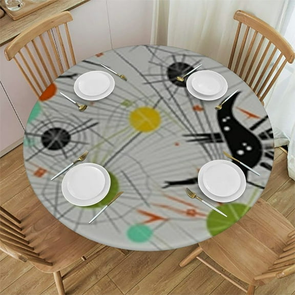 BANET Mid Century Modern Art Cat Tablecloth for Tables,Retro Colors Abstract Geometric Table Cloth for Indoor Outdoor Party Picnic Dining Room Kitchen Table Cover Home Decoration,Round 54"-58