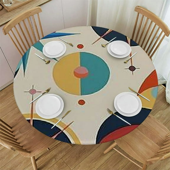 BANET Mid Century Tablecloth, Atomic Starbursts Retro Abstract Geometric Space Vintage Classic Iconic Pattern Table Cloth for Party Picnic Home Dining Room Kitchen, Round 38"-42