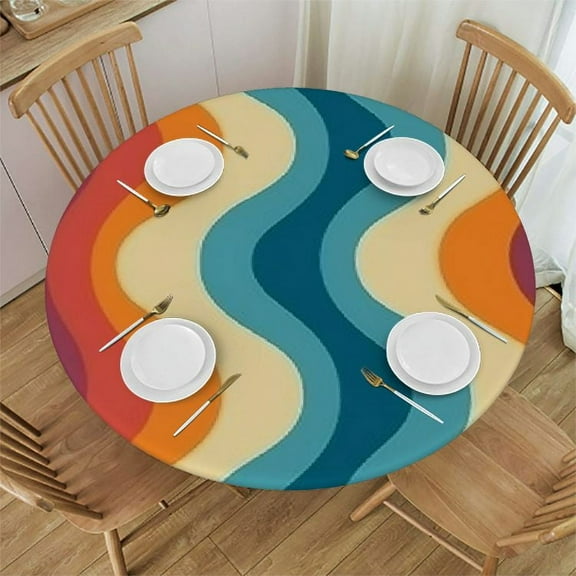 BANET Mid Century Tablecloth, Groovy Retro Abstract Geometric Pattern Table Cloth Cover for Kitchen Dining Holiday Party Home Decor, Navy Blue Orange Red Round 31"-35