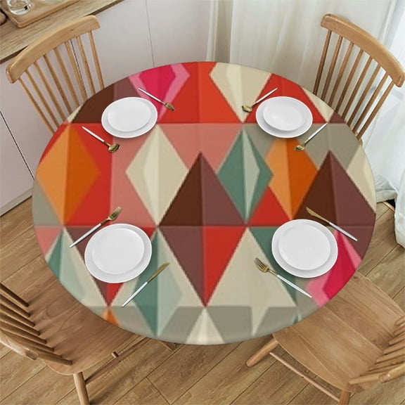 BANET Modern Abstract Tablecloth, Retro Mid Century Drop Shapes Geometric Table Cover for Kitchen Daily Dinning Party Tabletop Decor, Red Orange Round 31"-35