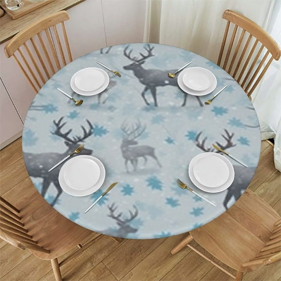 BANET Moose Decor Round Fitted Tablecloth with Elastic Edge,Winter Forest Retro and Tree Print Polyester Table Cloth, XXSmall, Fit Round Table, for Outdoor Indoor Use 38"-42