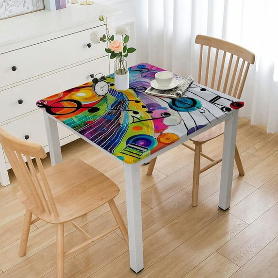 BANET Music Tablecloth, in Rainbow Colored Squares Circles Line Artwork Print, Rectangular Table Cover for Dining Room Kitchen Decor white