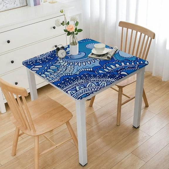 BANET  Mykonos Blue Paisley Tile Bordered Tabletop for Spring Summer Decorations, Picnics and Dinner Parties - Indoor Outdoor, Stain and Water Resistant, Tablecloth, Square white