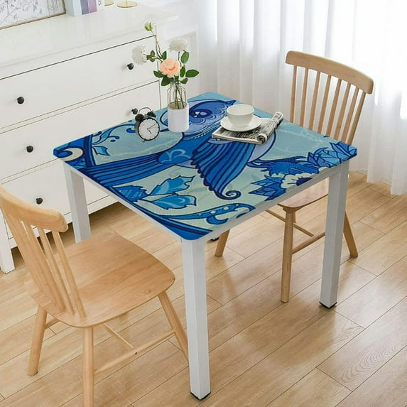 BANET Mykonos Blue Paisley Tile Bordered Tabletop for Spring Summer Decorations, Picnics and Dinner Parties - Indoor Outdoor, Stain and Water Resistant, Tablecloth, Square white