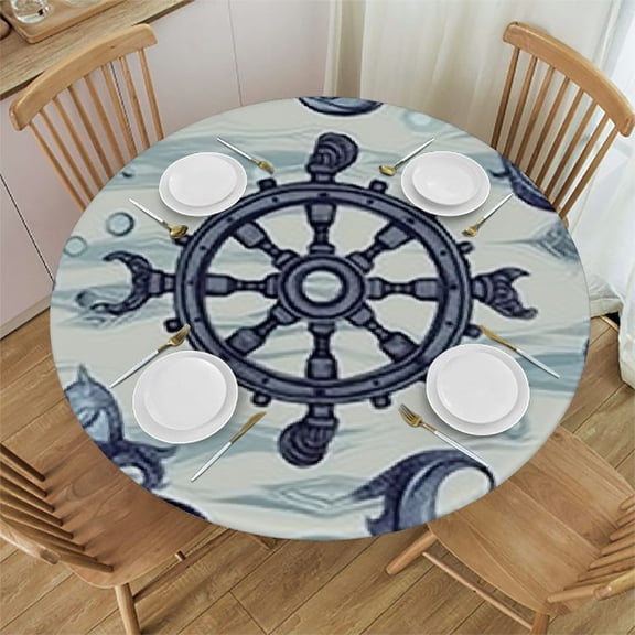 BANET Nautical Round Tablecloth,Ocean Creatures Anchor Seahorse Sea Turtle Fish Ship Navy Blue Polyester Table Cloths Table Cover for Dining Room, Party,Holiday 31"-35