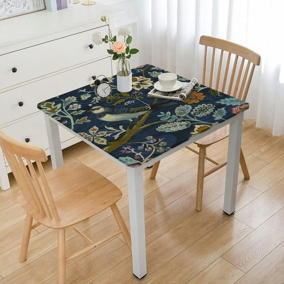 BANET Original Design Print, Blue Bird Floral Table Cover for Home Picnic Party Dining Room Kitchen Decor,Square White