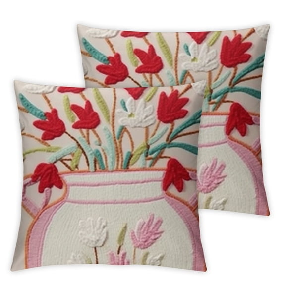 BANET Pack of 2 Embroidered Decorative Throw Pillow Cover Farmhouse Floral Floor Pillowcase for Couch Living Room Sofa Bed,Pink Vase 18x18in