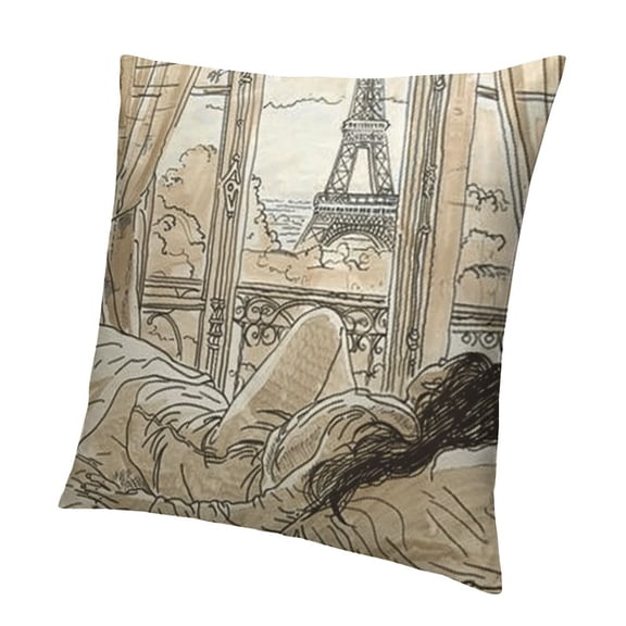 BANET Paris Throw Pillow Cushion Cover, Parisian Woman Sleeping with The View of Eiffiel Tower from Window Romance Skecthy Modern, Decorative Square Accent Pillow Case White