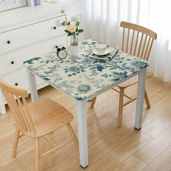 BANET Pastoral Cotton Linen Tablecloth Rectangle, Washable Table Cover with Blue Floral Patterns, Farmhouse Style Table Cloth for Spring, Picnic, Dinning Table (Rectangle) White