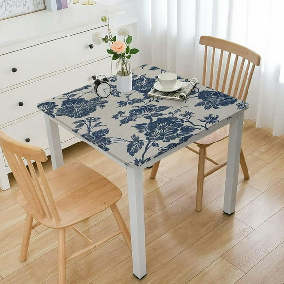 BANET Pastoral Cotton Linen Tablecloth Rectangle, Washable Table Cover with Blue Floral Patterns, Farmhouse Style Table Cloth for Spring, Picnic, Dinning Table white