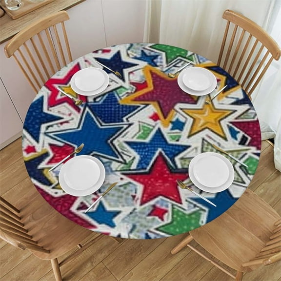 BANET Patriotic Blue Star Round Tablecloth Memorial Day 4th of July American Flag Print Decorative Table Cloth with Dust-Proof Wrinkle Resistant Decor for Home Kitchen Dining Room Outdoor Patio 46"-50