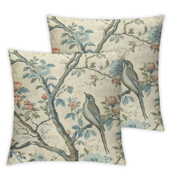 BANET Pillow Covers Set of 2, Blue Green Birds Flowers Throw Pillow Covers Farmhouse Decor Cushion Case Home Decor for Couch Sofa 12x12in