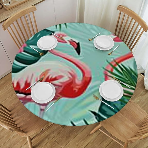BANET Pink Flamingo Table Cloth Tropical Flowers Palm Tree Leaves Birds Pineapple Exotic Round Tablecloth for Dining Room, Party, Banquet 46"-50