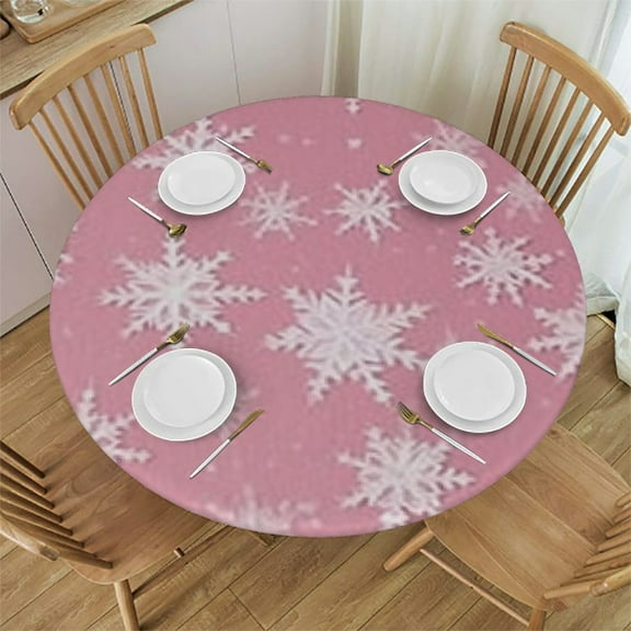 BANET Pink Snowflakes White Round Tablecloth Washable Christmas Winter Circular Polyester Table Cloths Cover Tablecloth for Kitchen Dinning Tabletop Decoration 31"-35