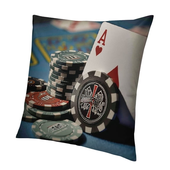 BANET  Poker Tournament Throw Pillow Cushion Cover, Gambling Chips and Pair Cards of Aces Casino Wager Games Hazard Print, Decorative Square Accent Pillow Case 18x18in