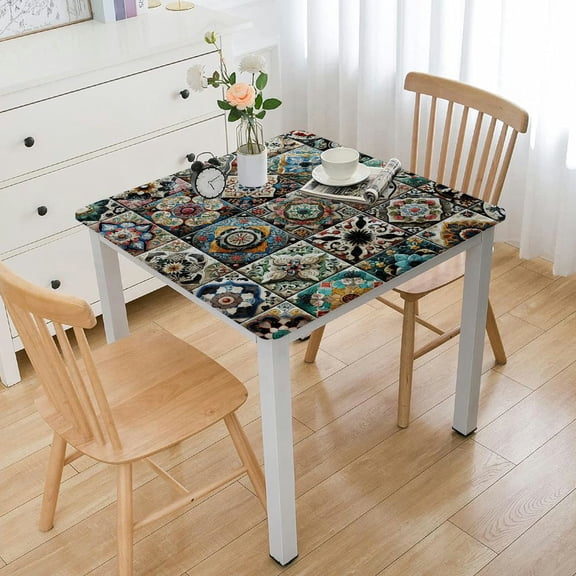 BANET Polyester Fitted Tablecloth,Checkered Pattern with Ethnic Ethnic Decorative Rectangular Elastic Edge Fitted Table Cover,Fits Rectangular Tables White