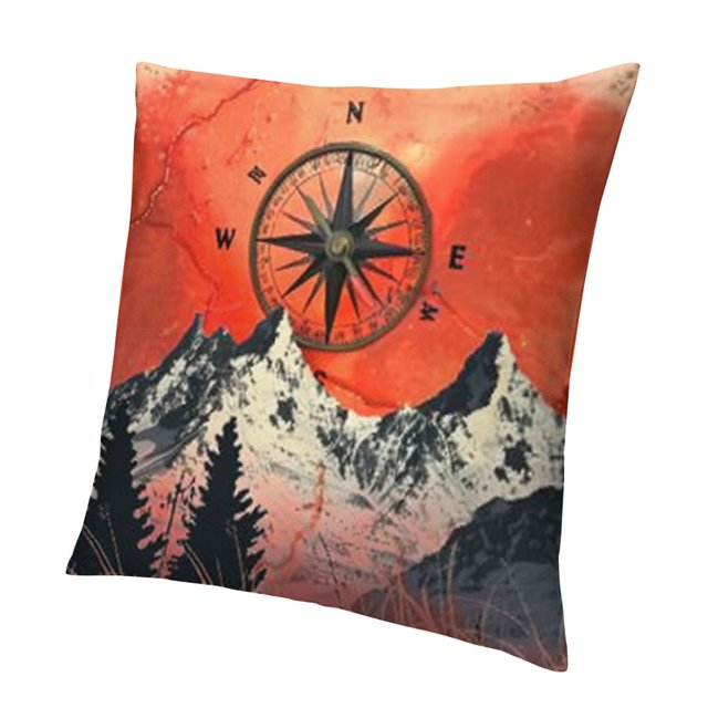 Printed Mountain Landscape Throw Pillow Covers, Square Compass