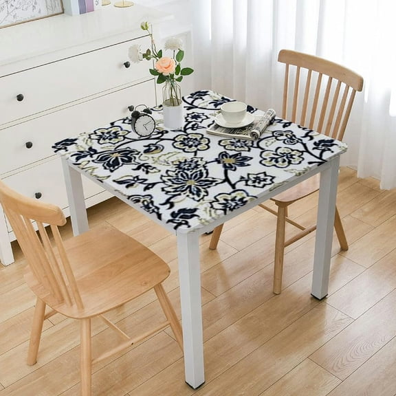 BANET Rectangle Fabric Tablecloth, Yellow and Blue Floral Bordered Print, Indoor Outdoor Stain and Water Resistant Table Cloth, Provence French Country white