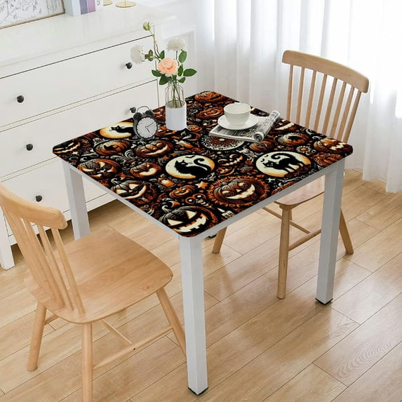 BANET Rectangle Polyester Tablecloths, Black Orange Check Plaid with Cat Decorative Machine Washable Table Covers for Wedding Kitchen Dinning Banquet Parties Tabletop Jack O' Lantern Halloween White