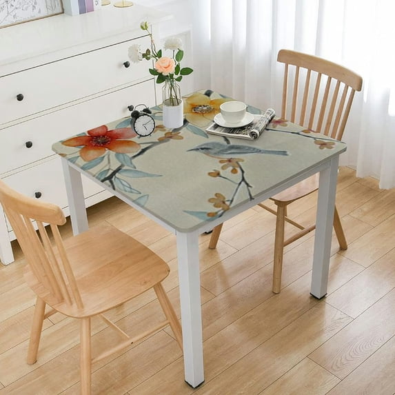 BANET Rectangle Tablecloth, Flower Bird Plant Spring Summer Fall Floral Waterproof Wrinkle Resistant Dinning Table Cloth Cover for Outdoor and Indoor white