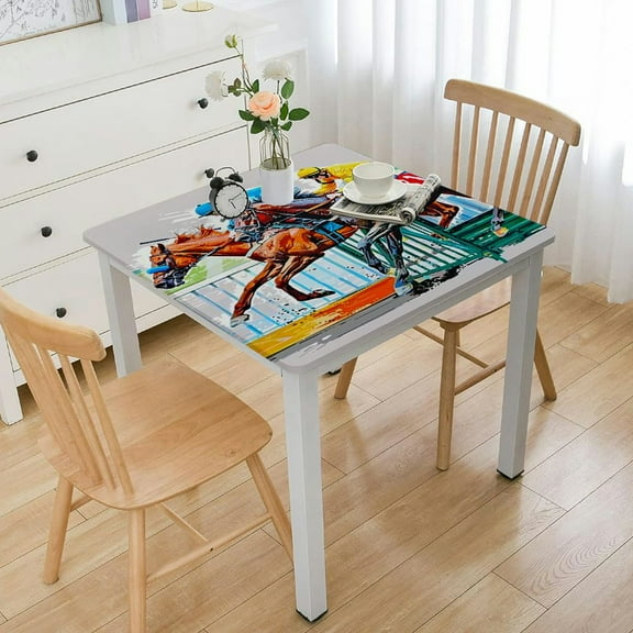 BANET Rectangle Waterproof & Stainproof s,Riding Horse Race Colorful Figure Cloth Washable Table Cloth Wrinkle-Free Fabric Table Cover for Dining/Party/Wedding Cartoon Painting White