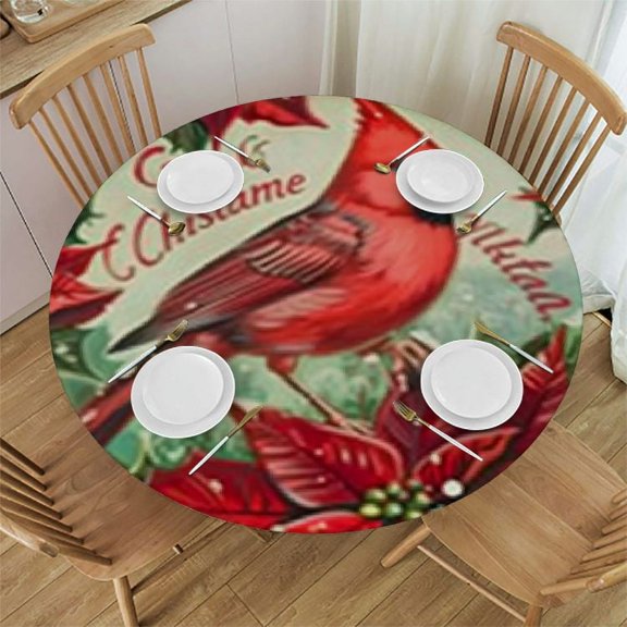 BANET Red Bird Tablecloth Round Red White Floral Tableccloth Merry Christmas Cloths Washable Banquet Tablecloth Winter Decorative Table Cover for Holiday Home Party Picnic Dinning 31"-35