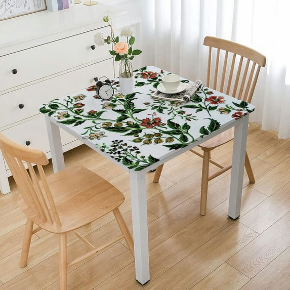 BANET Red Flower Print Polyester Square Tablecloth Decorative Table Cover Clothes for Square Tables Kitchen Dining Room White