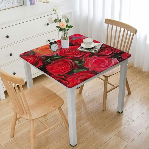 BANET Red Rose Floral Romantic Rose Flowers Nature Print Rectangle Table Cloth Wipeable Polyester Table Cover for Dining Room Kitchen Wedding Party Decor white