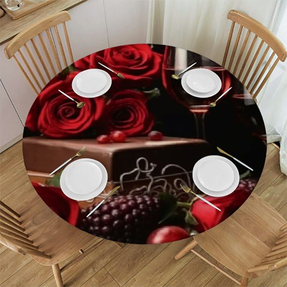 BANET Red Rose and Wine Romantic Lovers Decor Print Polyester Tablecloth Waterproof Table Cloth, Table Cover for Dining Room Round Table Cover 42"-46