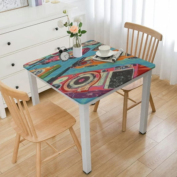 BANET Retro Square Tablecloth, Design of Audio Cassettes in Squares Dance to The Nostalgic Music Square Table Cloth Cover for Dining Room Kitchen Decoration, Multicolor White