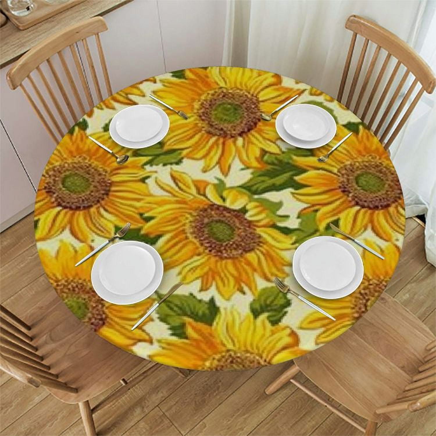 BANET Retro Sunflower Tablecloth Round Yellow Sun Floral Tablecloth ...