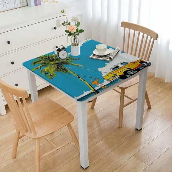 BANET Retro Tablecloth, Graphic Design Chevy Car a Sailer Guy in The Ocean Palms Vivid Sky Seaside, Dining Room Kitchen Rectangular Table Cover, Multicolor White