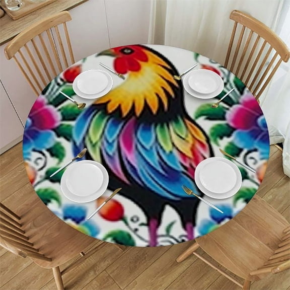BANET Rooster Table Cloth Flowers Animal Grass Ethnic Culture Retro Style Colorful Art Spring Round Tablecloth for Dining Room, Party, Banquet 54"-58
