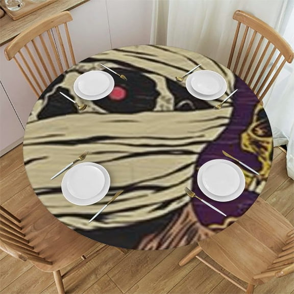 BANET Round Elastic Table Cover, Fitted Edged Polyester Stretched Round TableColorful Halloween Horror Monsters Seamless Pattern Fit for Round Table 46"-50